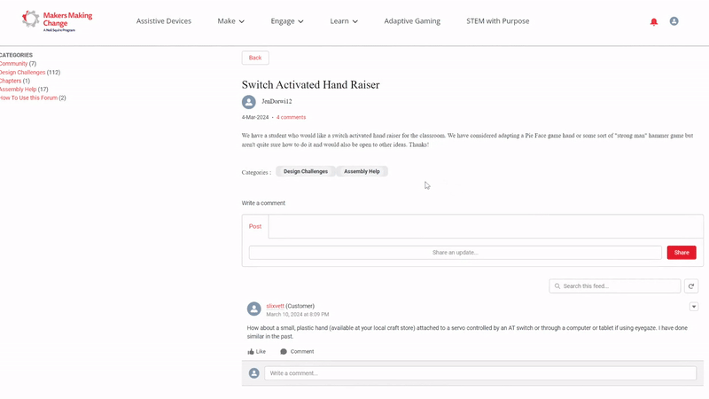 An animation of a maker responding to a design challenge on the Makers Making Change website