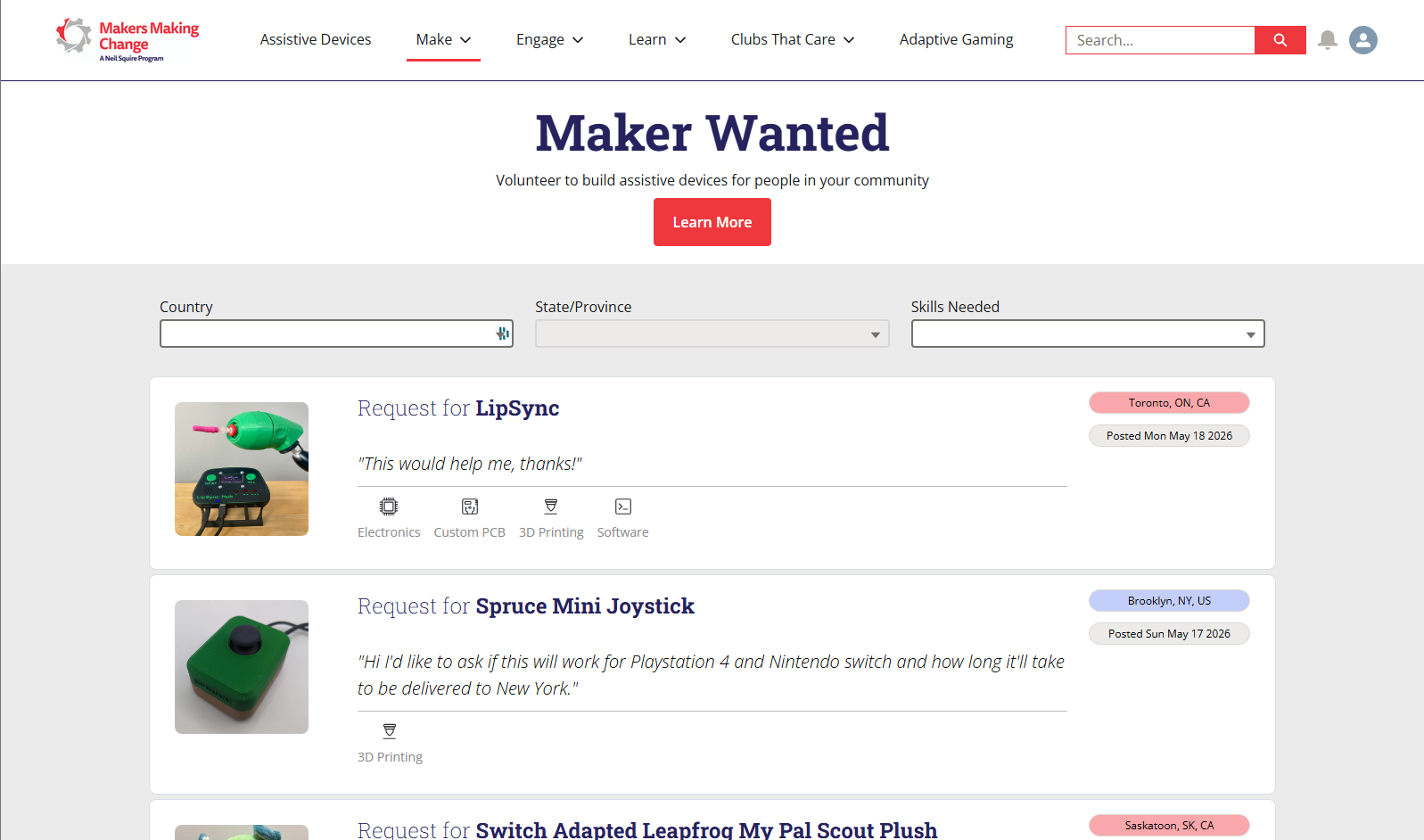 Screenshot of the Maker Wanted page on the Makers Making Change website.