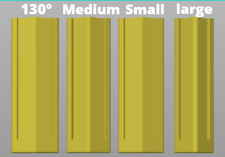 Computer rendering of a 130 degrees, medium, small, and large adapters for the one-handed left joy-con 3d printed modification.
