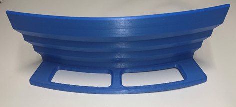 The back side of a blue 3D printed playing cards holder with two cutouts for as handles.