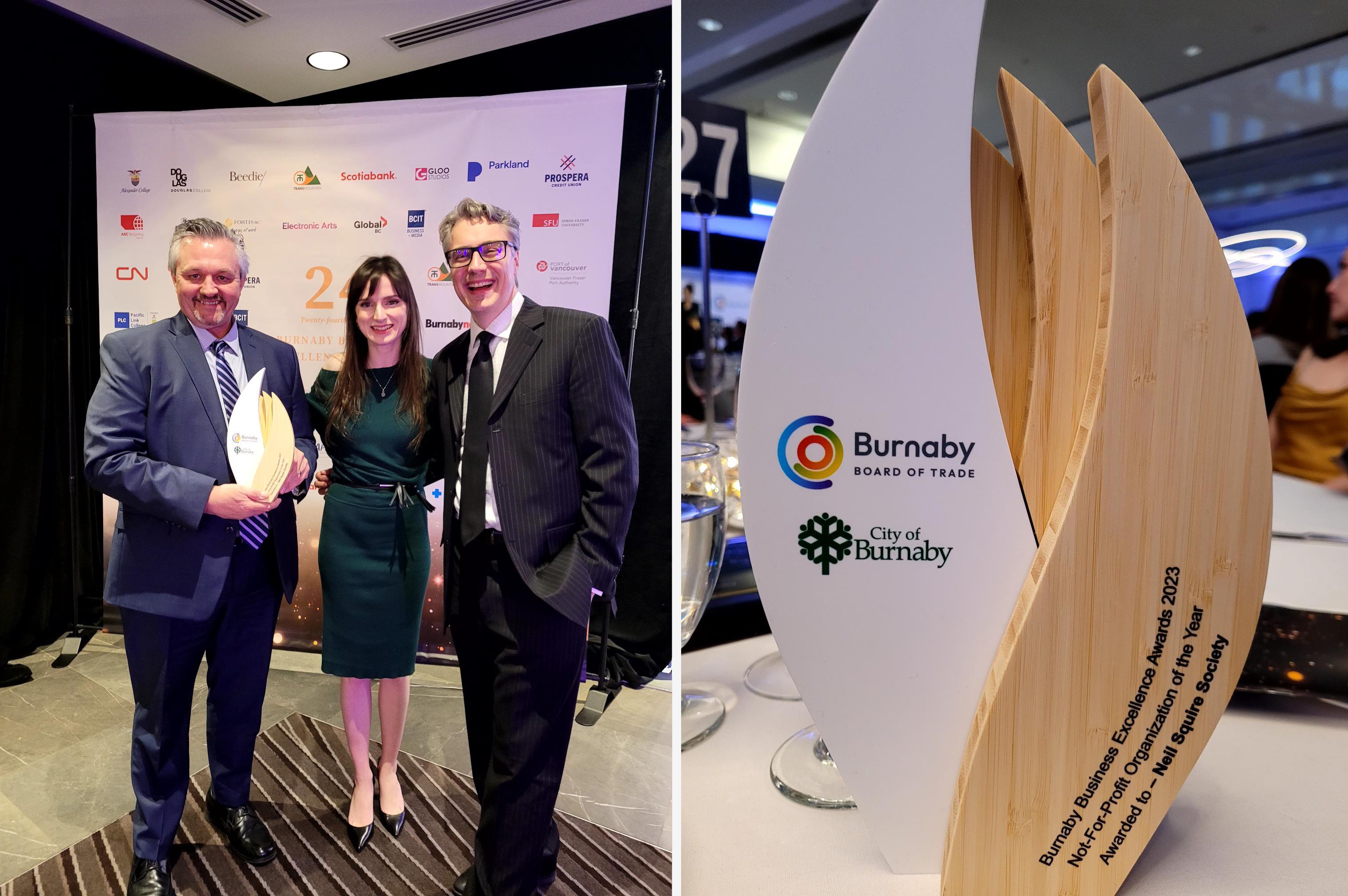 A collage of two photos. On the left are 3 Neil Squire Staff holding an award. On the right is the Non Profit of hte Year 2023 Trophy