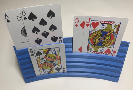 A blue 3D printed playing cards holder displaying 5 playing cards.