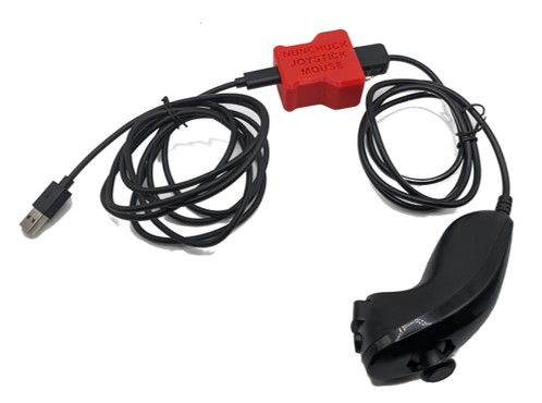 Ivy Nunchuk Adapter in a red housing connected on one side with a Wii Nunchuk controller and a USB cord on the other