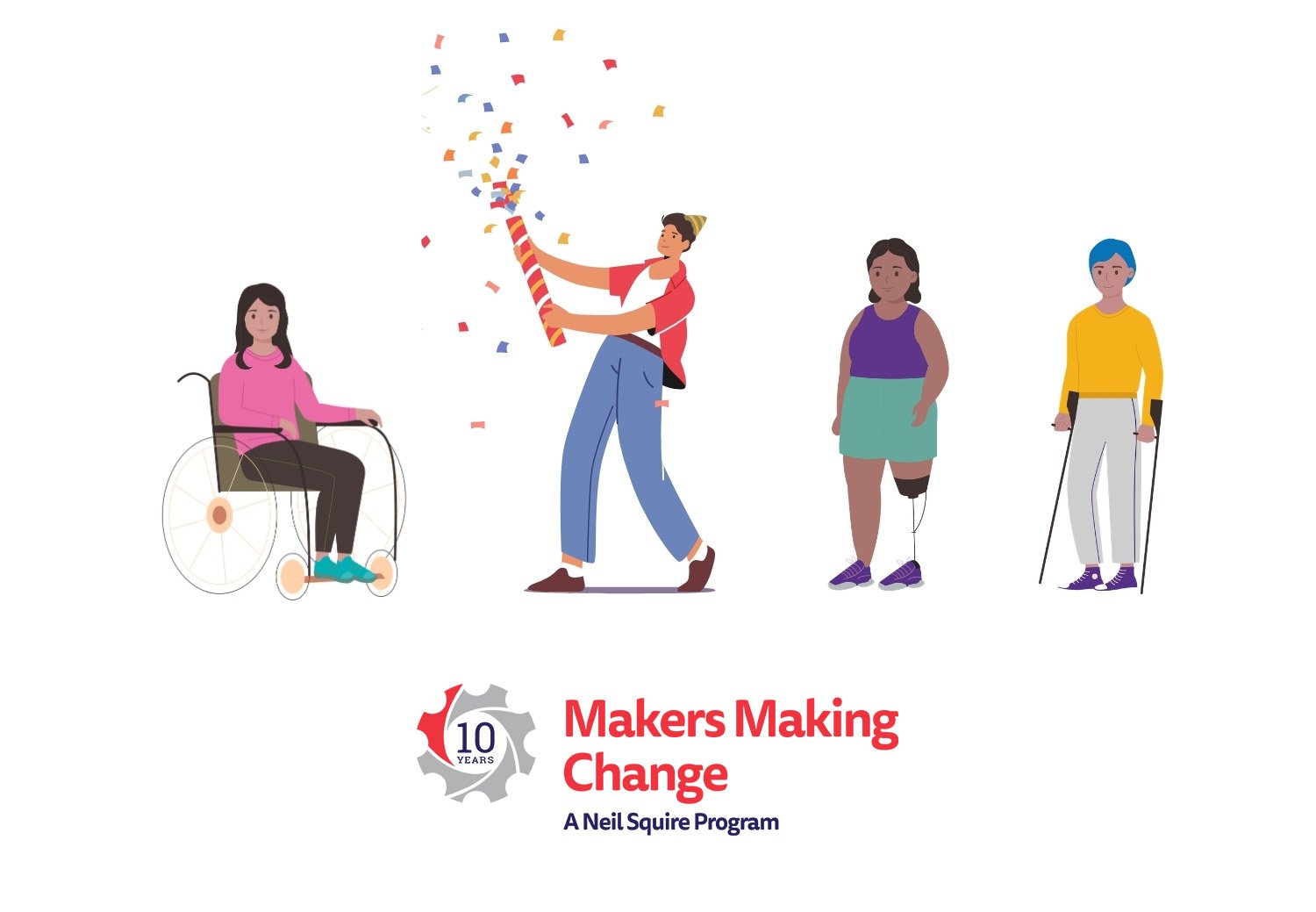 A graphic of 4 figures. From left to right: a woman in a wheelchair, a man using a confetti canon, a woman with a prosthetic leg, and a person using crutches