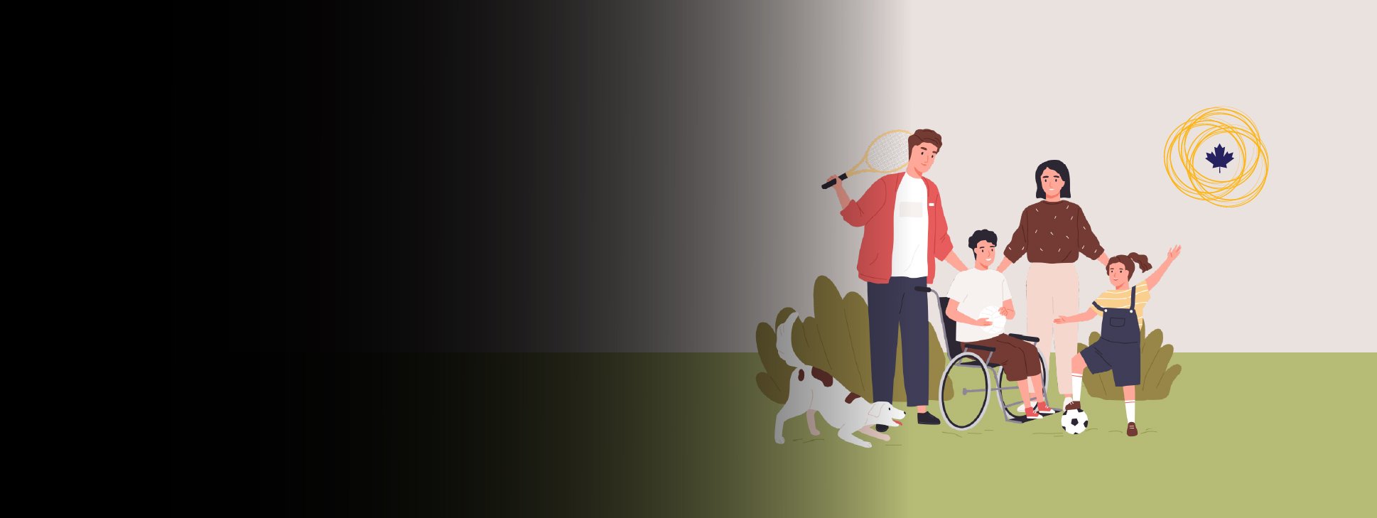 A graphic a family outdoors with a dog. The son is sitting in a wheelchair