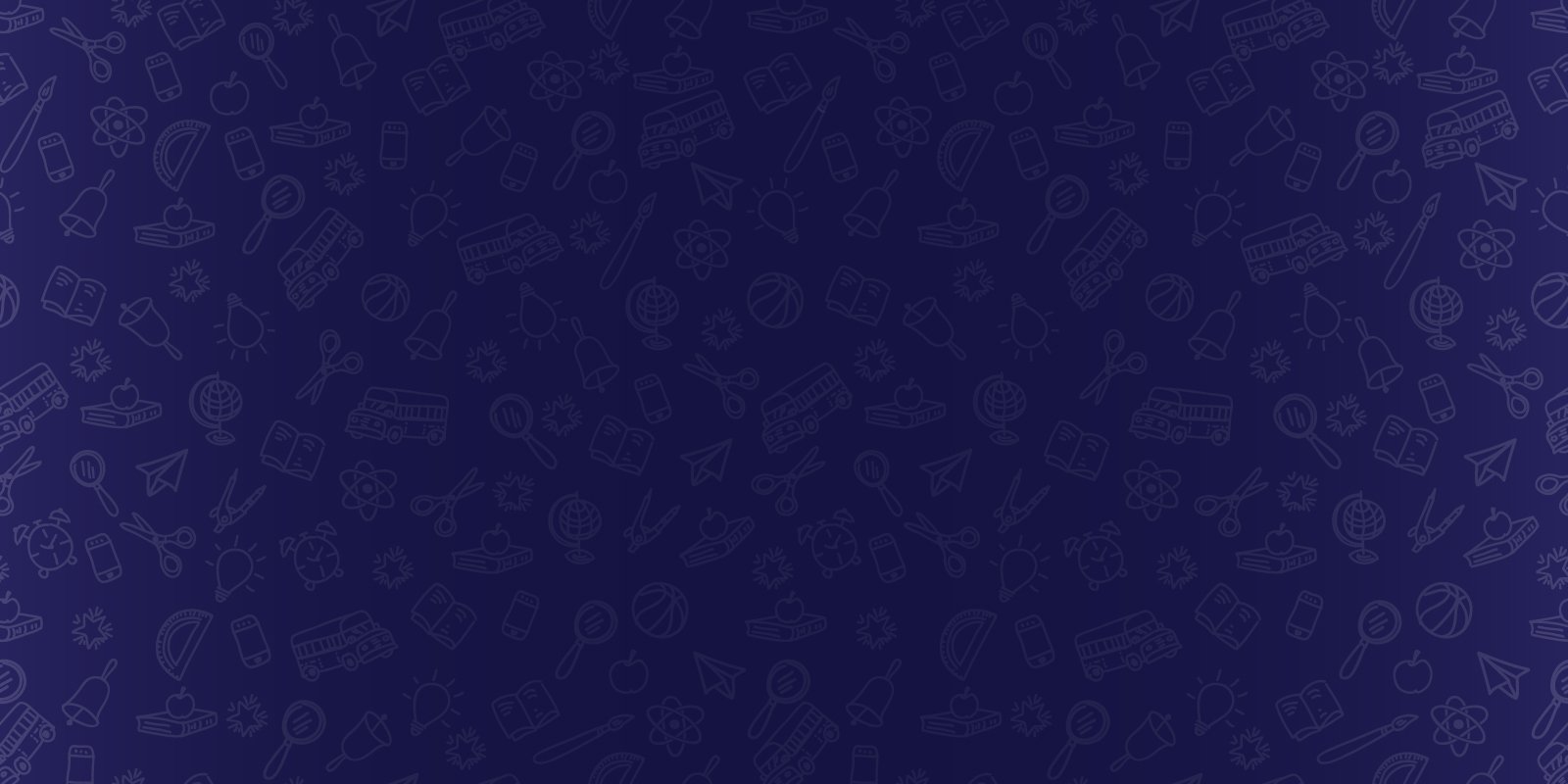 A purple patterned background with icons of pencils, apples, flasks, and graduation caps.
