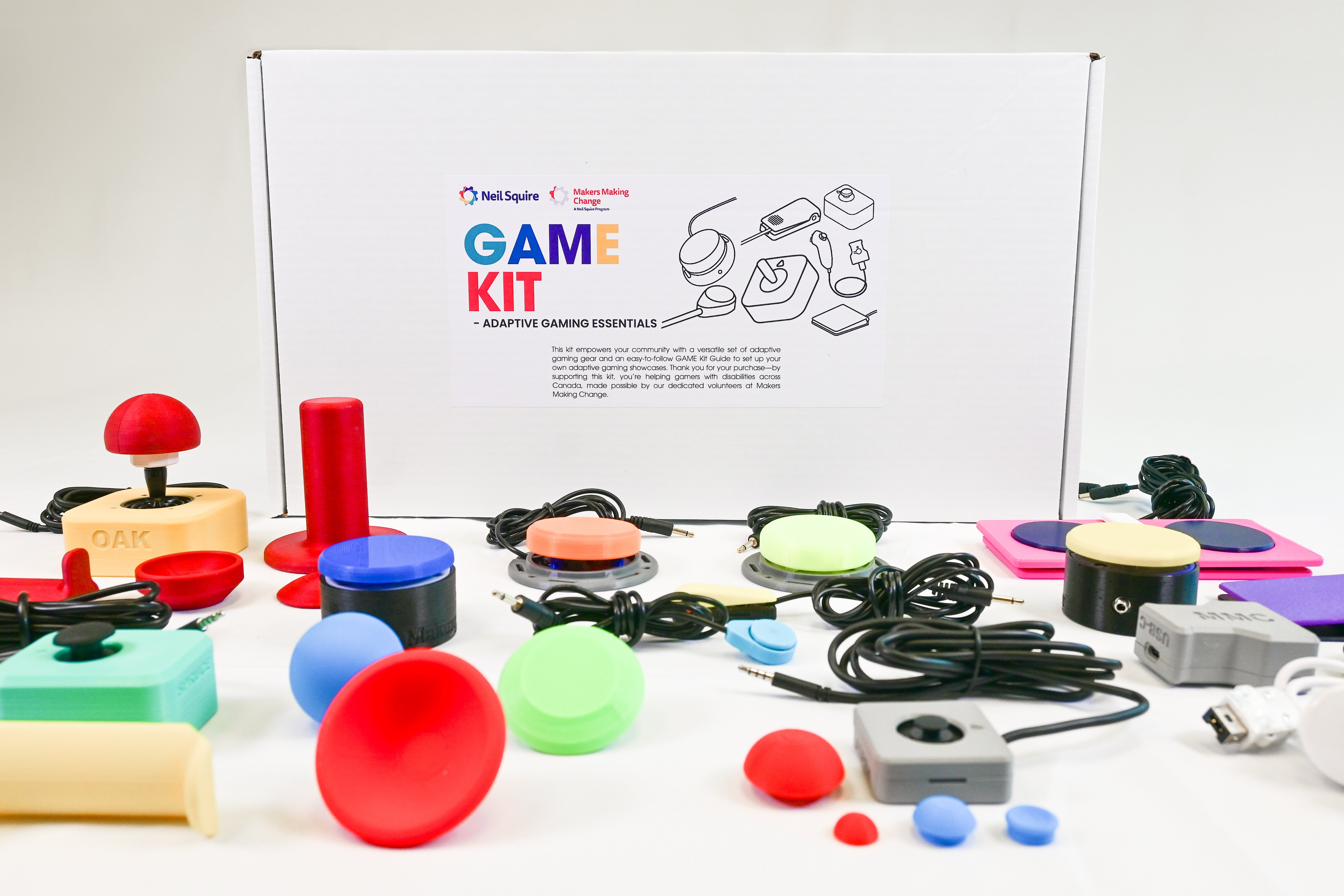 The joysticks, switches, and devices in the GAME Kit in front of the box
