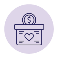 Purple icon of a coin on top of a box with a heart