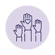 Purple icon of three raised hands