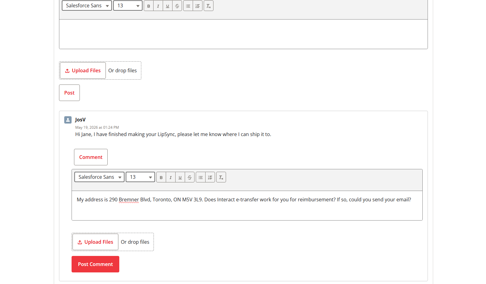 Screenshot of the chat on a request for a LipSync, showing the maker asking where to ship the device and the requester replying with their address and the method they will use to reimburse the maker.