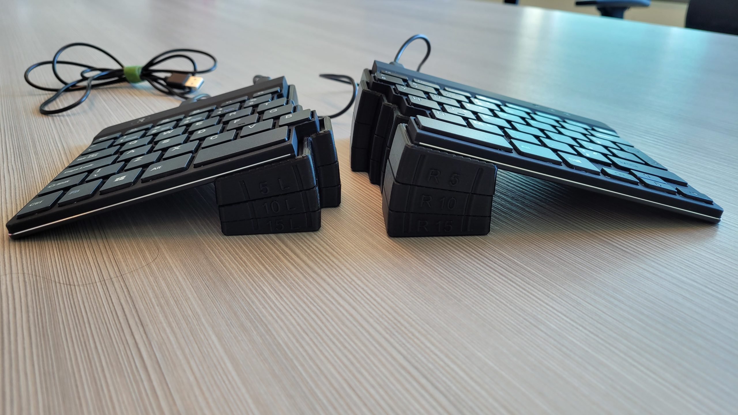 Keyboard in split position with 3D printed blocks underneath