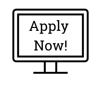 Icon of a computer screen with the words apply now written in it.