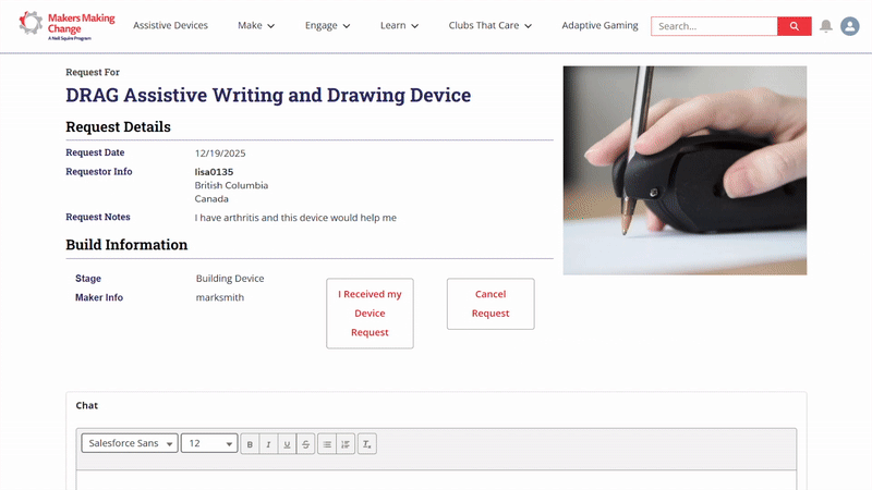 Chatting with a volunteer maker on the request page