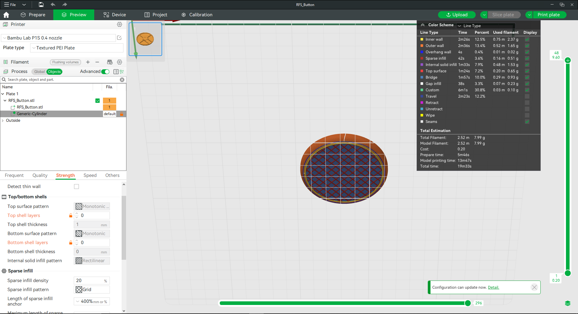 A screenshot of Bambu Studio Slicer with an MMC60 button cap with a grid pattern created on the top.