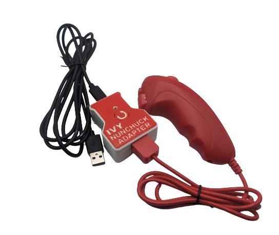 Ivy Nunchuck Joystick Adapter in a red and white enclosure with a USB cable and red Nunchuck controller attached.