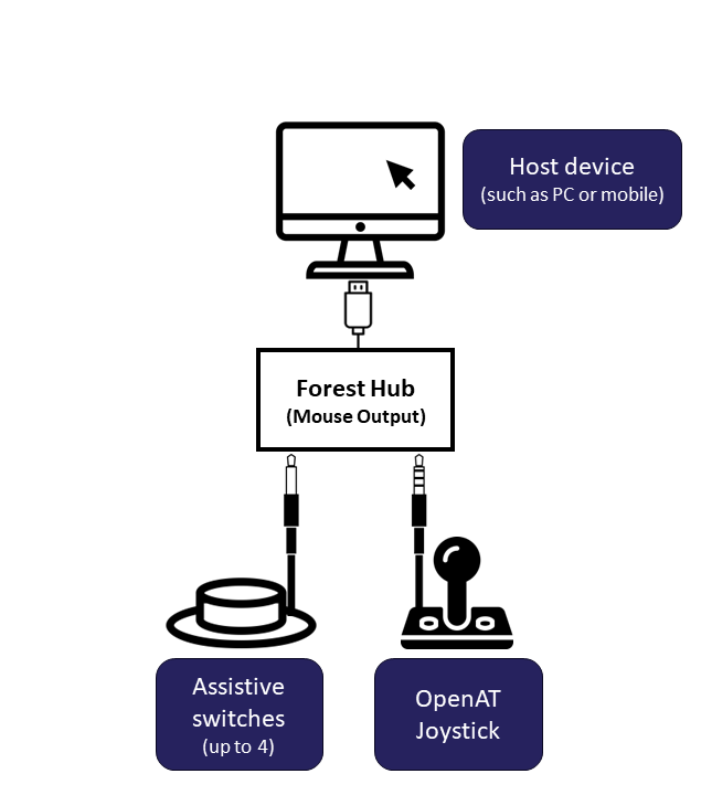 A diagram showing a switch and open AT joystick plugged into the Forst Hub Mouse Output and computer