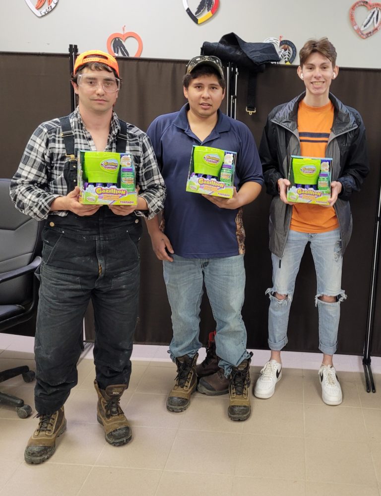 Three participants holding their switch-adapted bubble blower machines.