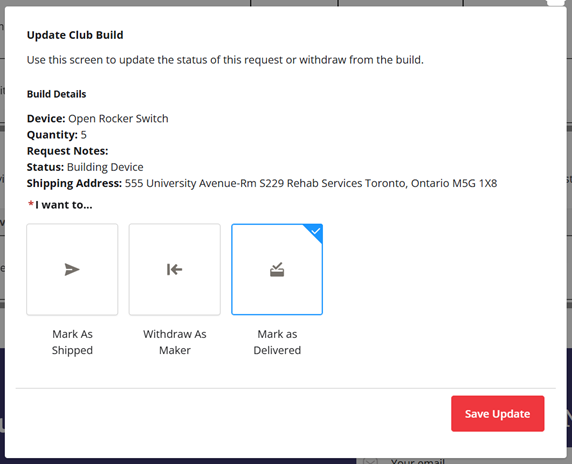 A snapshot of the deliveries page for club requests.
