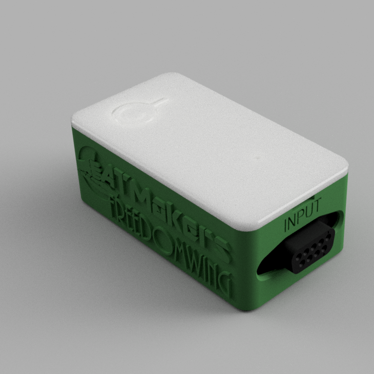 A computer rendering of a white and green FreedomWing Joystick Adapter against a grey background.