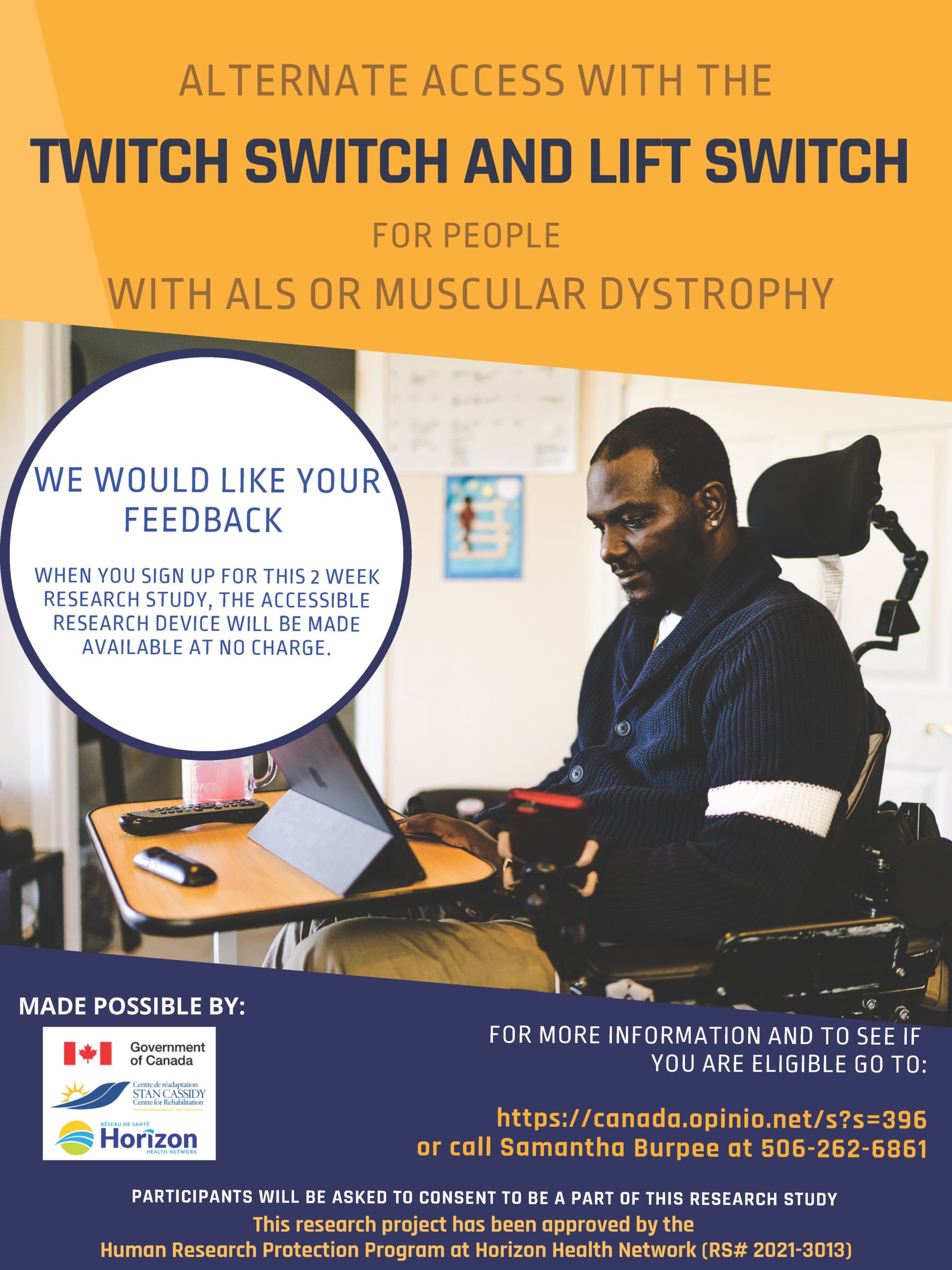 A poster with a person on a wheelchair looking at a tablet screen.