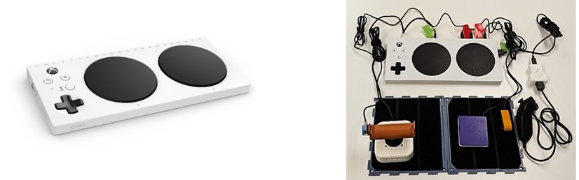 An image of Xbox Adaptive Controller and showcasing how switches can plug into it.