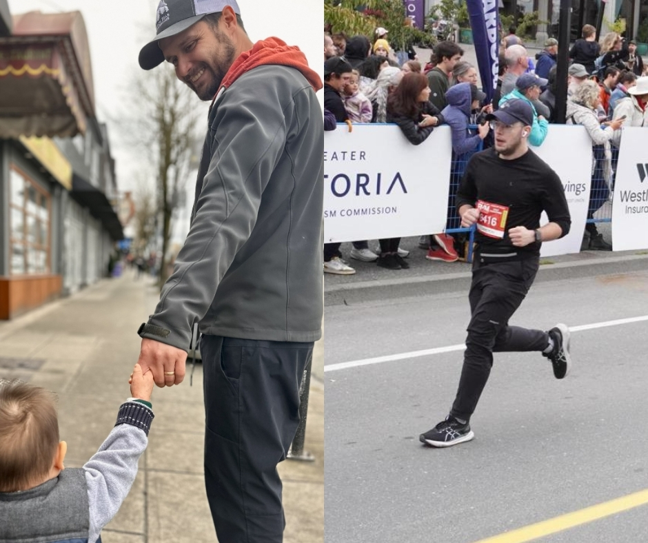 Handyman Cameron with his son on the left, and Cameron David running a marathon on the right.