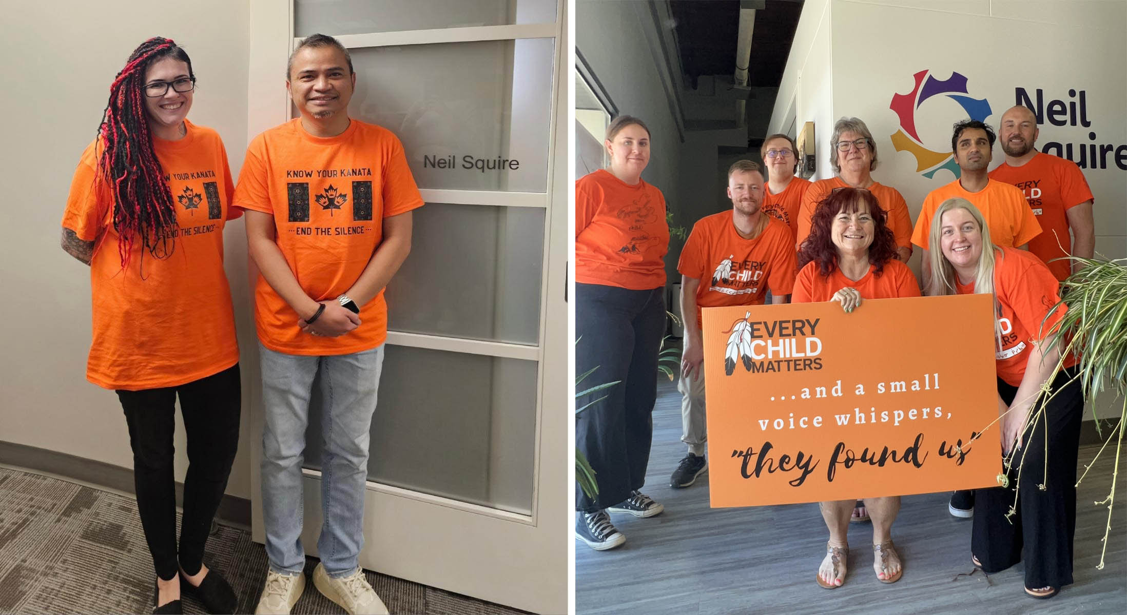 A collage of two photos, both showing Neil Squire staff wearing orange shirts.