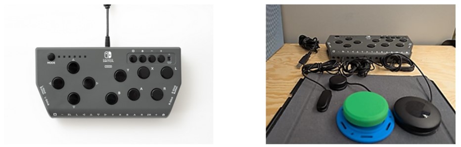 An image of the Hori as well as am image showcasing adaptive switches plugged into it.