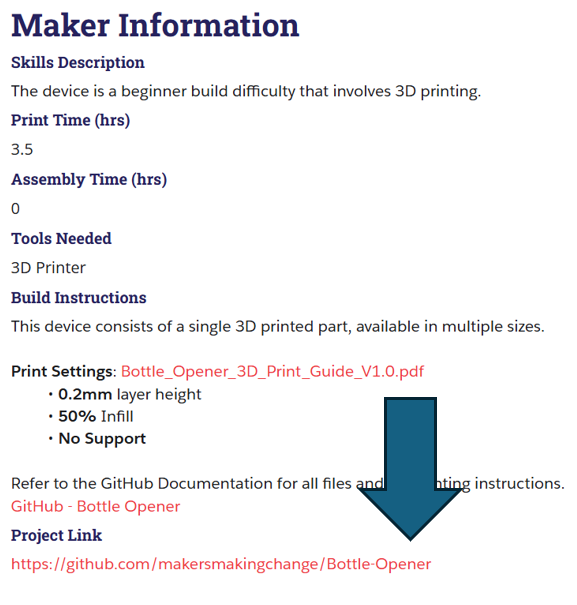A screenshot of the maker information under the bottle opener devices from the assistive devices library
