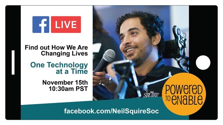 An image of a Facebook Live event with Powered to Enable and Neil Squire featuring an image of a staff member speaking into a microphone.