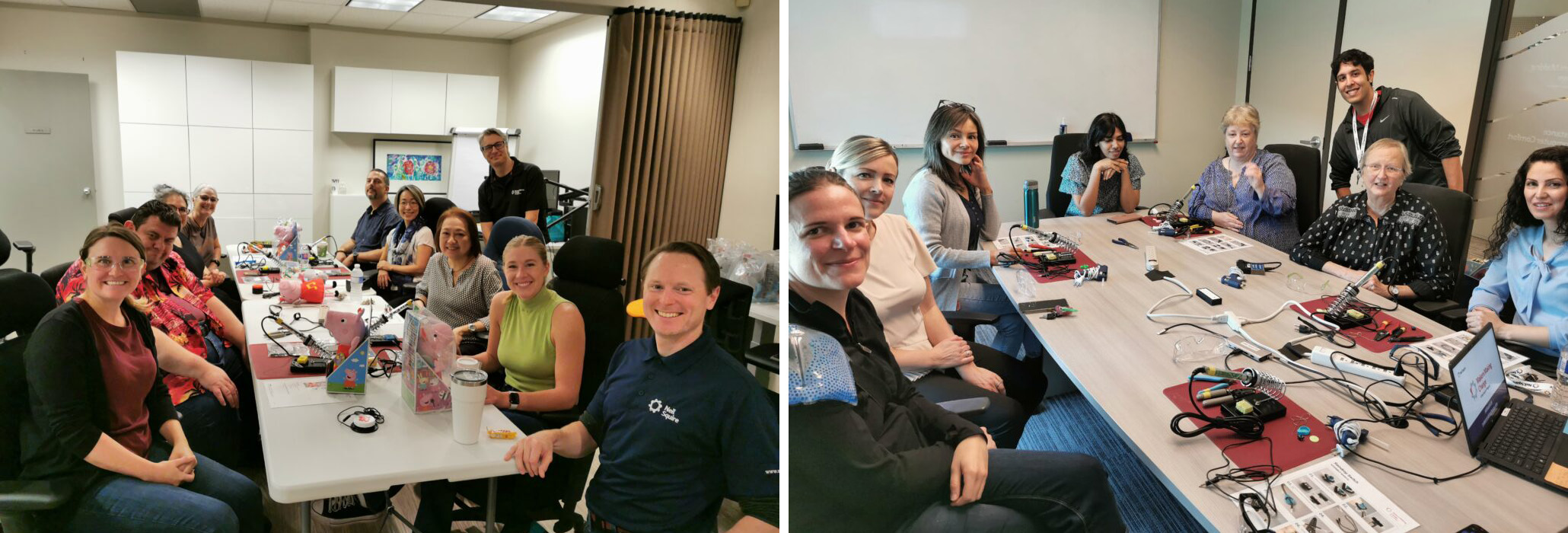A collage of two photos. Both images depict Neil Squire's BC Solutions staff sitting around a table with soldering irons and toys.