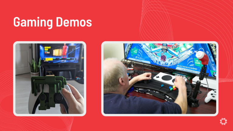 Two images showing a modified controller and a user using our adaptive gaming equipment.