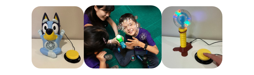 An Image of a bluey bubble blower toy, a child blowing bubbles and a light up toy being activated by a yellow switch
