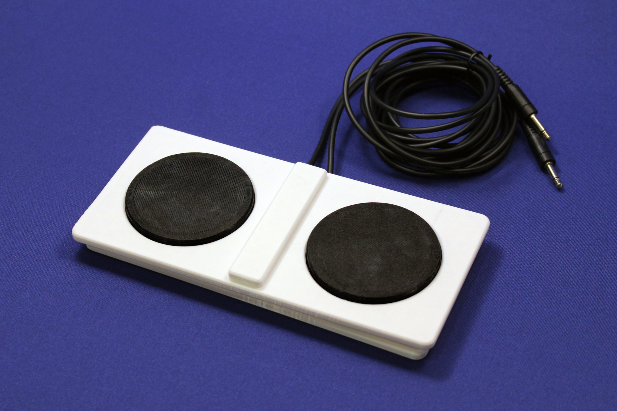 Picture of a 3D printed Open Rocker Switch with white top and black buttons.
