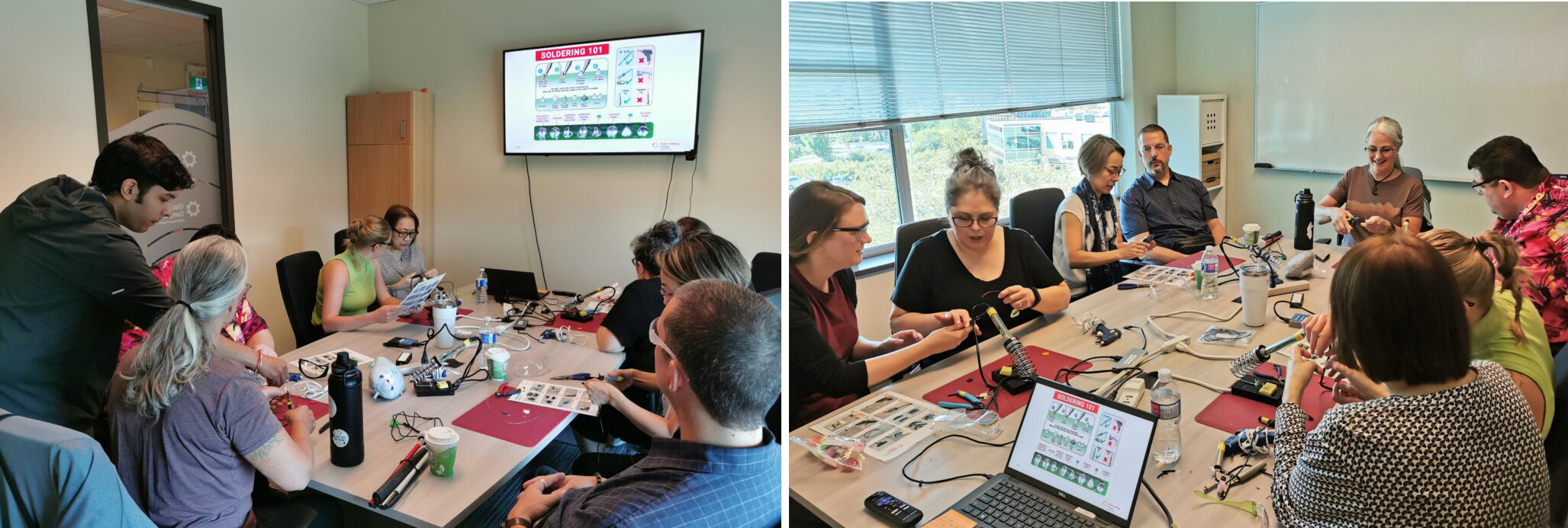 A collage of two photos. On the left is Neil Squire's BC Solutions staff sitting around a table with soldering irons and toys. Behind them is a hanging TV with soldering instructions. On the right is Neil Squire's BC Solutions staff soldering at a table
