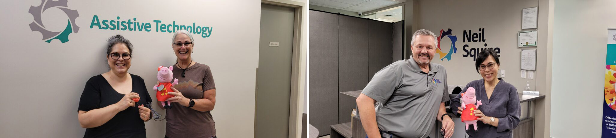 A collage of two images. On the left are two Neil Squire staff holding an assistive switch and adapted Peppa pig toy. They are standing in front of a white wall with a teal Assistive Technology decal. On the right are two Neil Squire staff holding an adapted peppa pig toy by the office reception desk.
