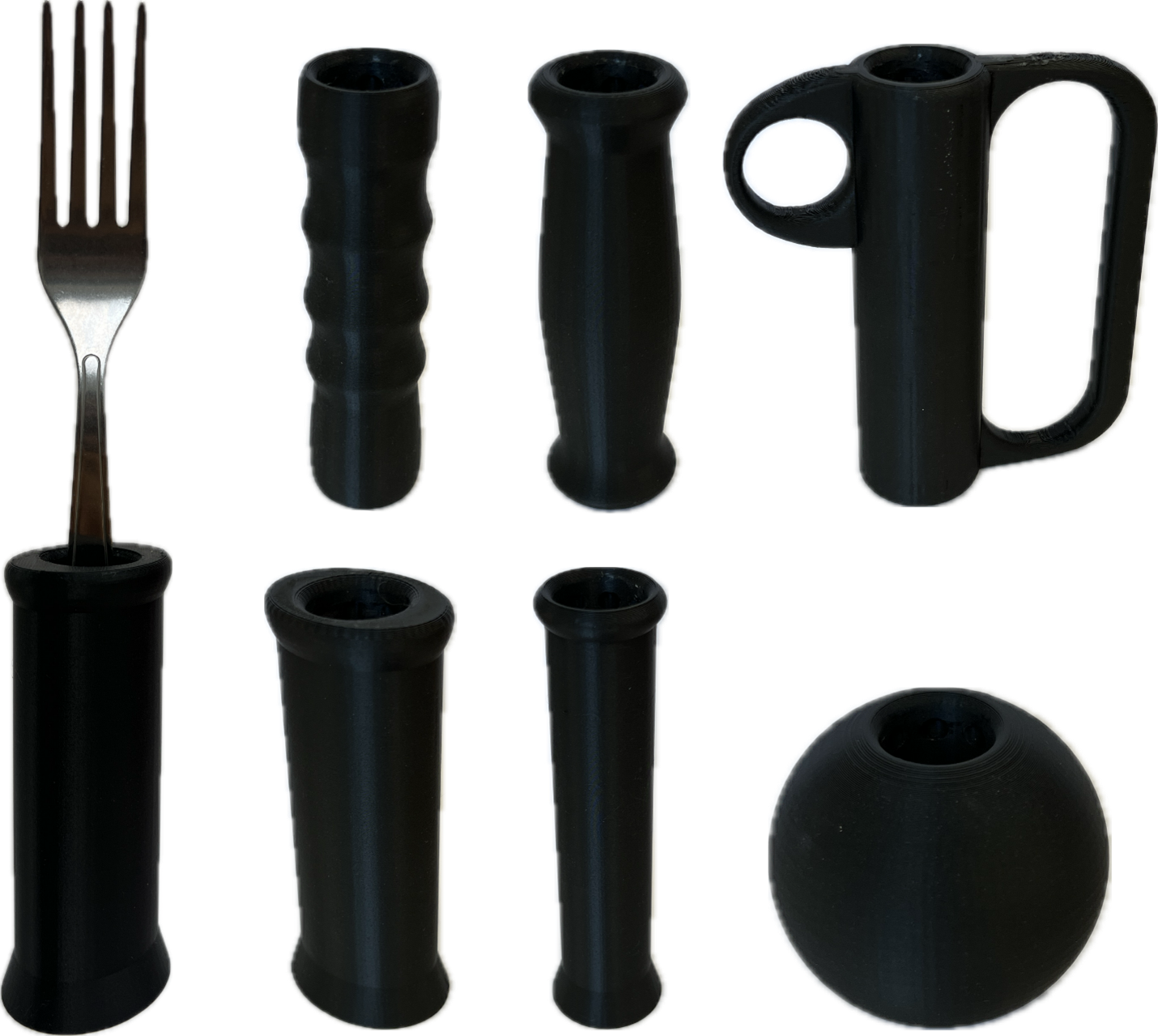 An IKEA Identitet fork in an adapted handle, along with several other handle variants.